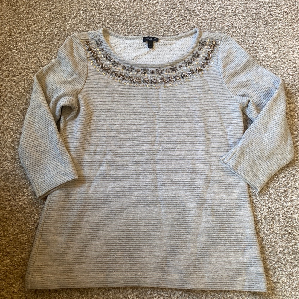 Talbots Embellished Charm Neckline Petite Small Gray Collar Detail Jeweled
